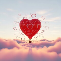 A romantic red heart-shaped hot air balloon floating among clouds and hearts.