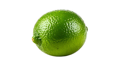 A single, vibrant green, whole citrus fruit on a stark black background