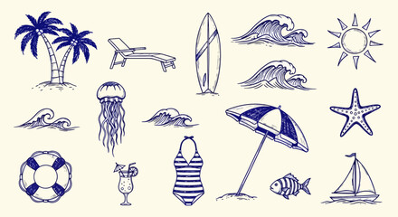 A charming hand-drawn collection of summer beach and vacation icons, featuring palm trees, waves, a surfboard, and sun. © Alfarizi