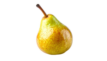A ripe, single pear with a curved stem against a pure black backdrop, angled to the right