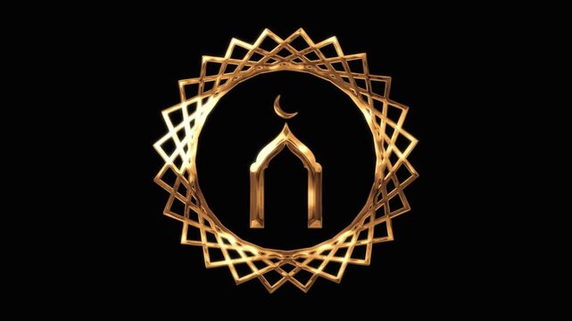 Golden islamic geometric patterns with crescent moon and arch motifs on black background