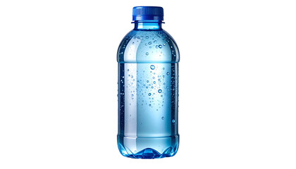 A translucent, plastic bottle filled with clear water and condensation against a black background