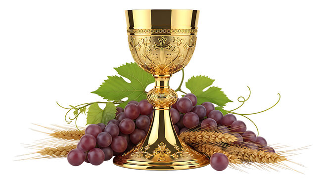 Golden liturgical chalice with grapes and wheat stalks on transparent background, Maundy Thursday