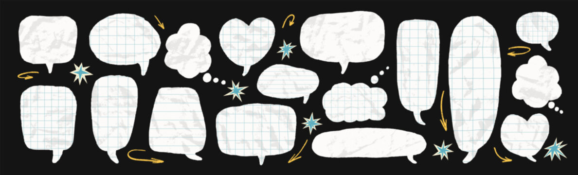 Crumpled grid paper callouts speech bubbles. White irregular cutout dialogue collage pieces. Promo sale wrinkled message text boxes. Scrapbook torn angular chat comic cut out isolated no bg.
