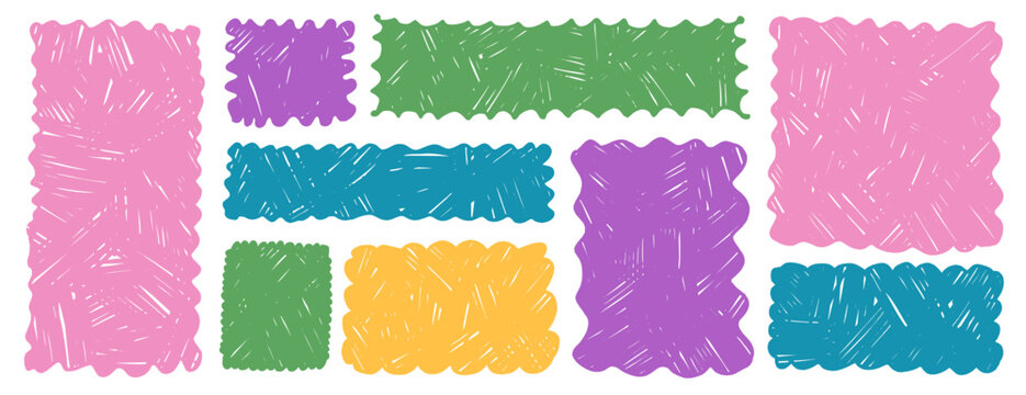Wavy scalloped crayon rectangle frames. Geometric organic borders with playful wiggle edges. Funky colorful scallop decorative designs. Vector rectangular, square grunge naive callouts set isolated.