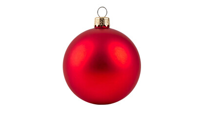 A single, smooth, red Christmas ornament with gold cap and black hook, isolated