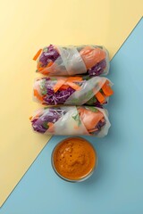 Vertical food illustration of vegetable rice paper rolls, healthy vegan snack on yellow and blue split background, candid lifestyle culinary art