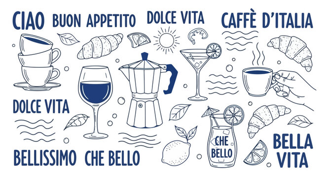 A charming doodle illustration of Italian lifestyle elements including coffee, croissants, wine, and various Italian phrases.