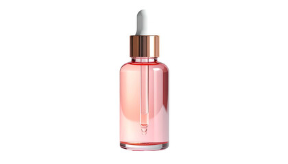 Isolated pink glass serum bottle with dropper, rose gold cap, and black background