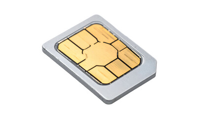 A close-up of a SIM card with a silver frame and a gold-colored chip on a black backdrop