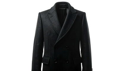 Formal, charcoal-colored double-breasted coat against a black background, centered