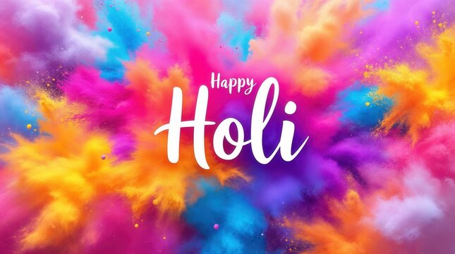 Happy Holi greeting on vibrant colorful powder explosion background. Abstract festival of colors banner with pink orange and blue clouds. Indian spring celebration backdrop for poster or card