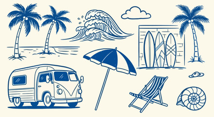 A charming collection of hand-drawn blue line art illustrations depicting a classic beach vacation scene, including palm trees, waves, surfboards, a camper van, and beach furniture. © Alfarizi