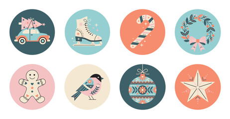 Obraz premium Winter Christmas Holiday Icon Set, Flat Vector Illustration