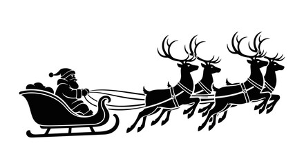 Silhouette of Santa Claus riding in his sleigh pulled by four reindeer across a white background. © Alfarizi