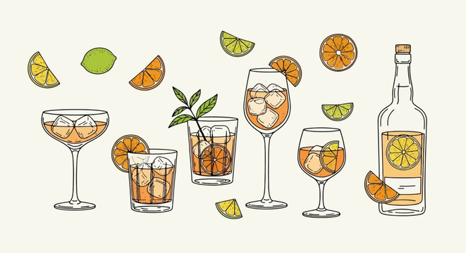 A vibrant collection of refreshing citrus-infused cocktails and garnishes, artfully arranged on a light background.