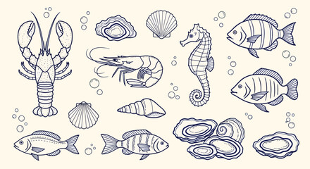 A detailed illustration of various seafood and marine life, including lobsters, shrimp, seahorses, fish, oysters, and seashells, set against a light background with subtle bubbles. © Alfarizi