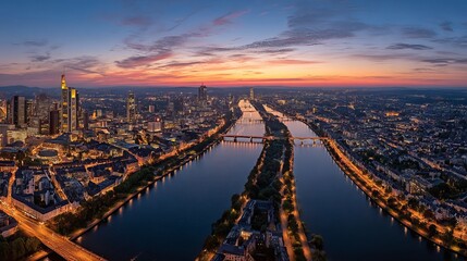 Fototapeta premium High resolution aerial panoramic view of Frankfurt cityscape at dusk, glowing skyscrapers, river Main reflections, evening sky, urban landscape from above