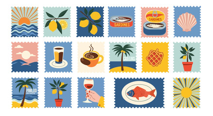 Collection of stylized postage stamps featuring various travel and leisure themes like landscapes, food, and drinks. © Alfarizi