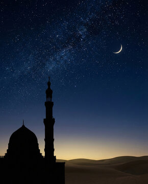 Silhouette of Mosque Minaret and Dome under Starry Night Sky and Crescent Moon for Laylatul Qadr Background