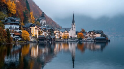 Fototapeta premium Misty autumn Hallstatt village and lake with colorful foliage, morning light, serene mountains, Austria countryside landscape, scenic nature background