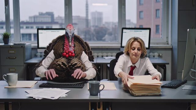 Overwhelmed employee managing paperwork, Tired professional juggling files and work pressure, Fatigued office worker meticulously organizing documents amidst mounting deadlines and workplace tension