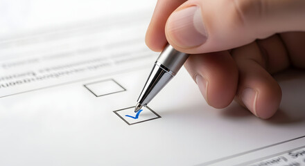 Hand Marking Blue Check on Paper Ballot or Survey Form - Voting, Opinion, Selection, Confirmation