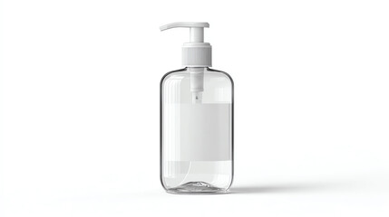 Fototapeta premium Clear plastic pump bottle designed for liquids, ideal for packaging soaps, lotions, or hand sanitizers.