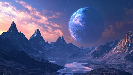 Alien planet fantasy landscape space background. Sci-fi horizontal poster. Science fiction digital raster bitmap illustration. Horizontal format wallpaper. © Mikhail