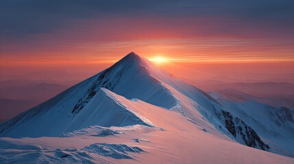 Majestic Snow-Capped Mountain Peak Under a Vibrant Sunrise with Stunning Pink and Orange Sky and Soft Clouds in the Background