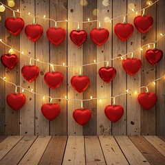 String lights with red heart decorations on rustic wooden wall backdrop