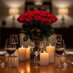 Elegant dining table setting with red roses and wine glasses for a romantic evening
