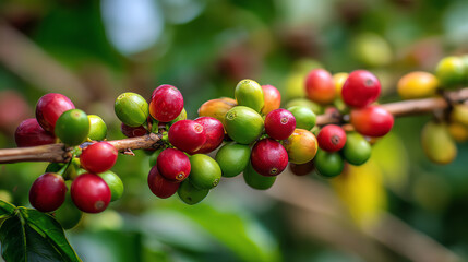 Obraz premium Close-up of vibrant coffee cherries on a branch, showcasing rich colors and natural beauty among lush greenery.