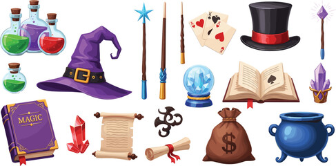 Cute magic and wizard icon set featuring potions, spell books, wands, crystals, cauldron, cards, and fantasy objects for games, fantasy art, and design projects © MdAbdul