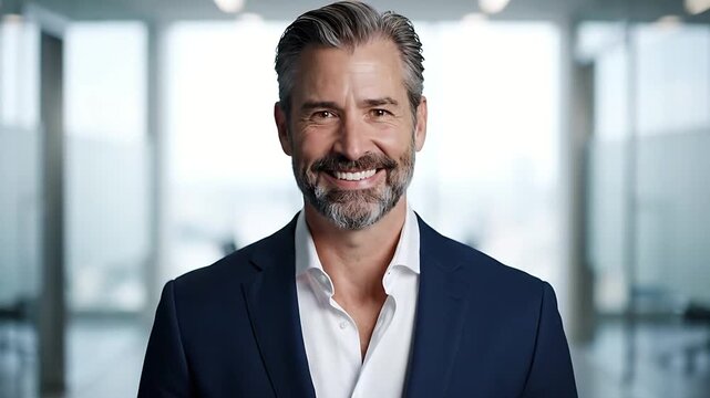 Professional handsome executive CEO wearing a navy suit looking directly at the camera in a modern bright corporate office representing leadership maturity and business success