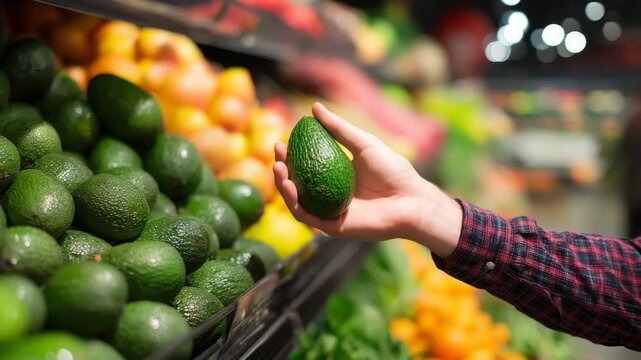 Healthy Shopping: Hand in a plaid shirt selecting a ripe avocado from the produce section in a supermarket