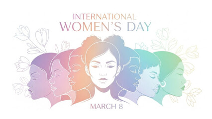 Fototapeta premium International women's day poster with diverse women faces in rainbow colors march 8th celebration