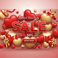 Limited time sale event featuring heart-themed discounts and festive decorations