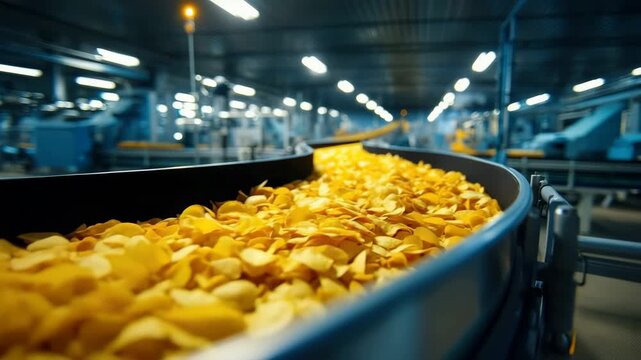Industrial Production: Conveyor belt filled with a vast quantity of potato chips in a modern food factory