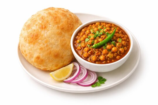 A chole bhature plate, a popular indian food, isolated on white background