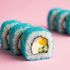 Decorative sushi rolls coated with blue sugar crystals on soft pink background, colorful fillings, playful modern food photography with bokeh.