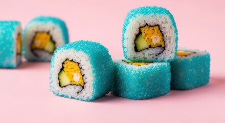 Decorative sushi rolls coated with blue sugar crystals on soft pink background, colorful fillings, playful modern food photography with bokeh.