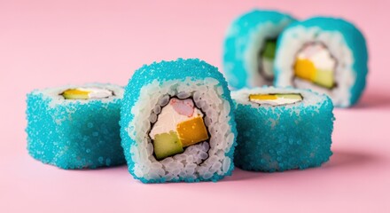 Decorative sushi rolls coated with blue sugar crystals on soft pink background, colorful fillings, playful modern food photography with bokeh.