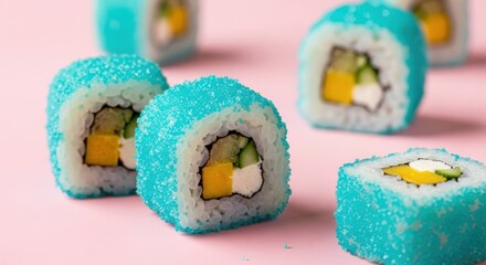 Decorative sushi rolls coated with blue sugar crystals on soft pink background, colorful fillings, playful modern food photography with bokeh.