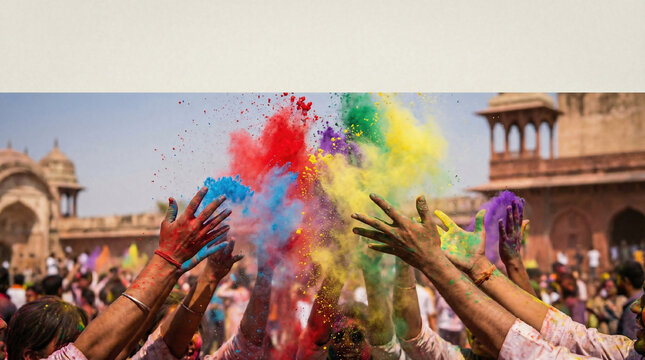 Close up of hands throwing colorful powder, traditional Holi festival celebration in India, header