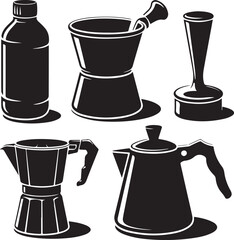 black and white kitchen utensils and appliances on white background