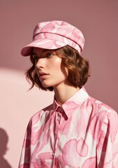 Woman in pink watercolor patterned cap and shirt on matching pastel background, soft editorial fashion portrait, chic modern minimal mood.