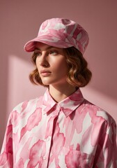Woman in pink watercolor patterned cap and shirt on matching pastel background, soft editorial fashion portrait, chic modern minimal mood.