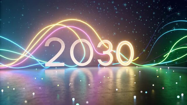 2030 Year Luminescent Numbers with Colorful Wavy Lines and Glittering Bokeh Effect Stock Footage