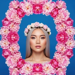 Asian woman with glossy straight hair and flower crown framed by pink peonies on bold blue background, bright pop floral portrait, joyful mood.